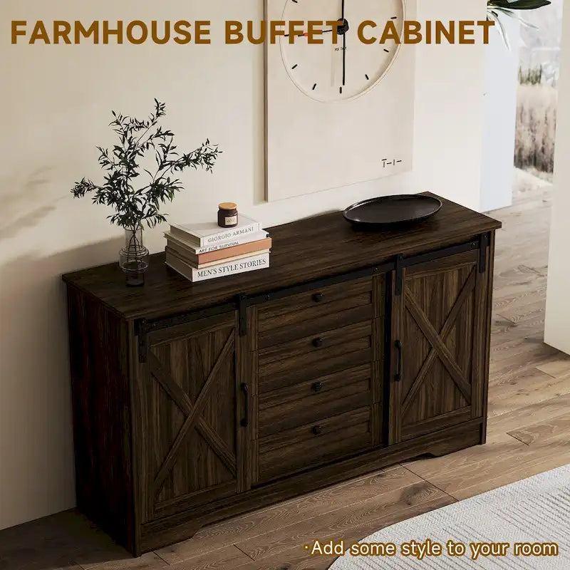 Buffet de salle à manger style rustique avec 2 portes et 4 tiroirs