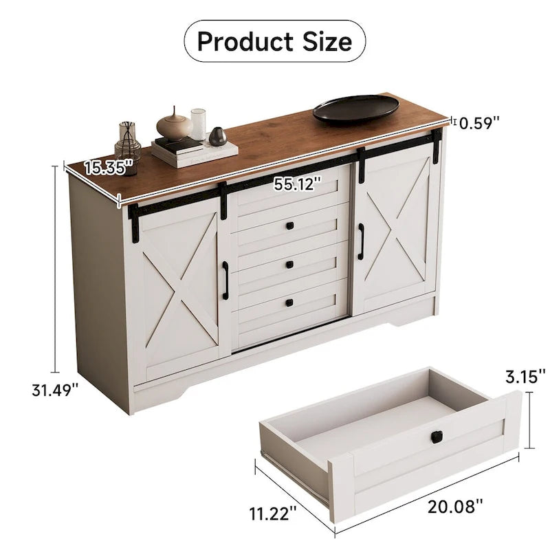 Buffet de salle à manger style rustique avec 2 portes et 4 tiroirs