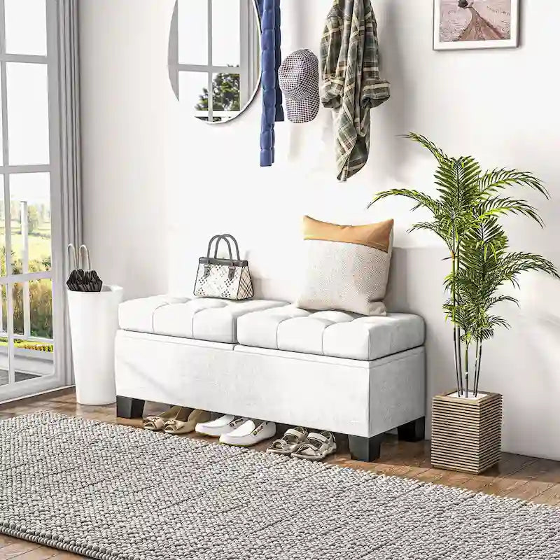 Banc de rangement ottoman, banc de bout de lit rembourré avec cadre en acier, banc de rangement capitonné avec charnières de sécurité
