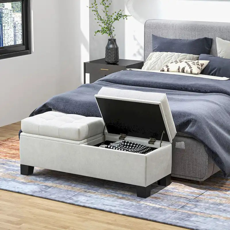 Banc de rangement ottoman, banc de bout de lit rembourré avec cadre en acier, banc de rangement capitonné avec charnières de sécurité
