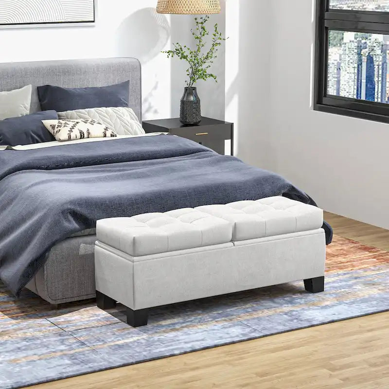 Banc de rangement ottoman, banc de bout de lit rembourré avec cadre en acier, banc de rangement capitonné avec charnières de sécurité