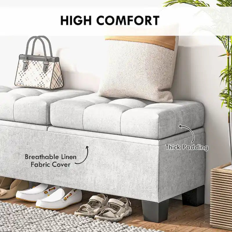 Banc de rangement ottoman, banc de bout de lit rembourré avec cadre en acier, banc de rangement capitonné avec charnières de sécurité