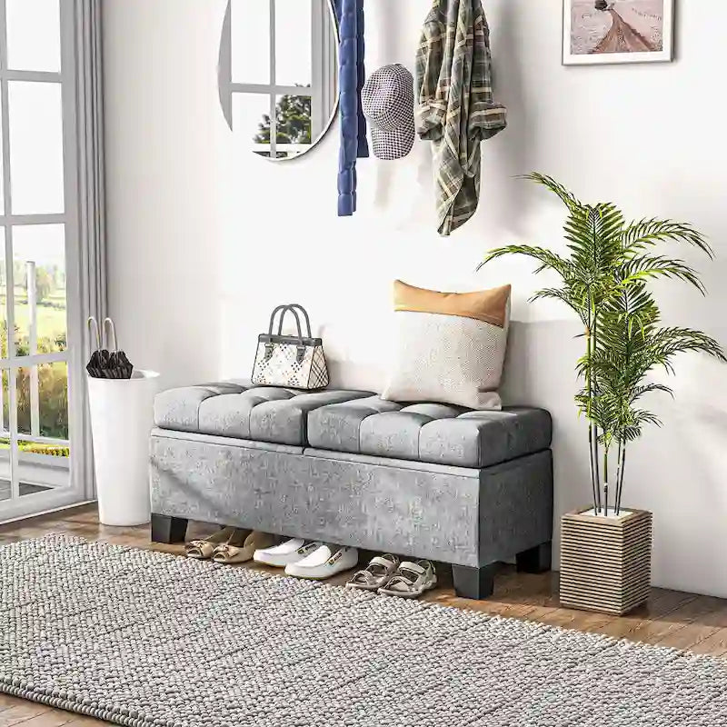Banc de rangement ottoman, banc de bout de lit rembourré avec cadre en acier, banc de rangement capitonné avec charnières de sécurité