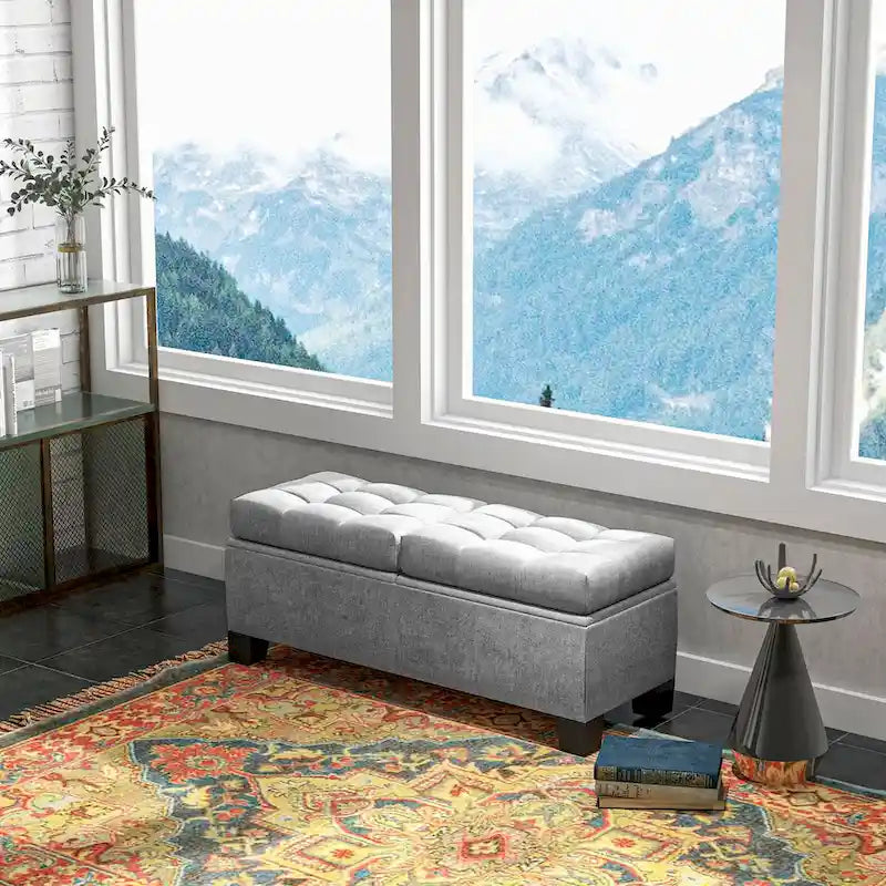 Banc de rangement ottoman, banc de bout de lit rembourré avec cadre en acier, banc de rangement capitonné avec charnières de sécurité