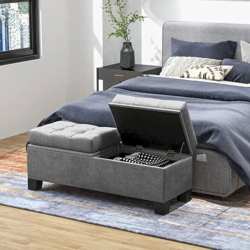 Banc de rangement ottoman, banc de bout de lit rembourré avec cadre en acier, banc de rangement capitonné avec charnières de sécurité