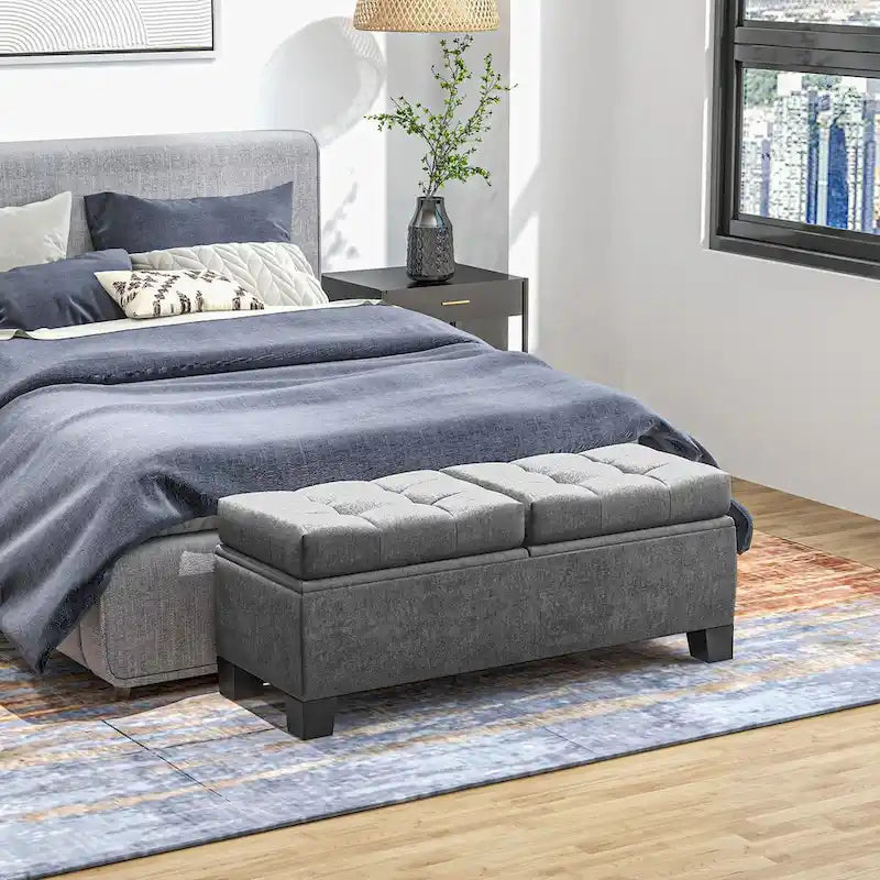 Banc de rangement ottoman, banc de bout de lit rembourré avec cadre en acier, banc de rangement capitonné avec charnières de sécurité