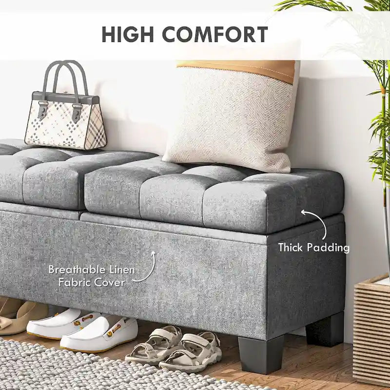 Banc de rangement ottoman, banc de bout de lit rembourré avec cadre en acier, banc de rangement capitonné avec charnières de sécurité
