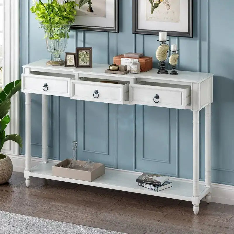 Table console avec tiroirs pour entrée, avec tiroirs saillants et longue étagère