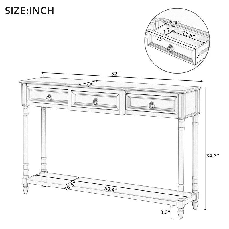 Table console avec tiroirs pour entrée, avec tiroirs saillants et longue étagère