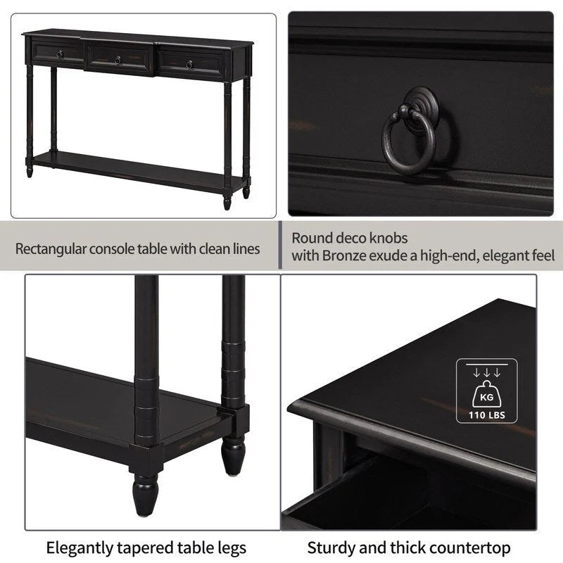 Table console avec tiroirs pour entrée, avec tiroirs saillants et longue étagère