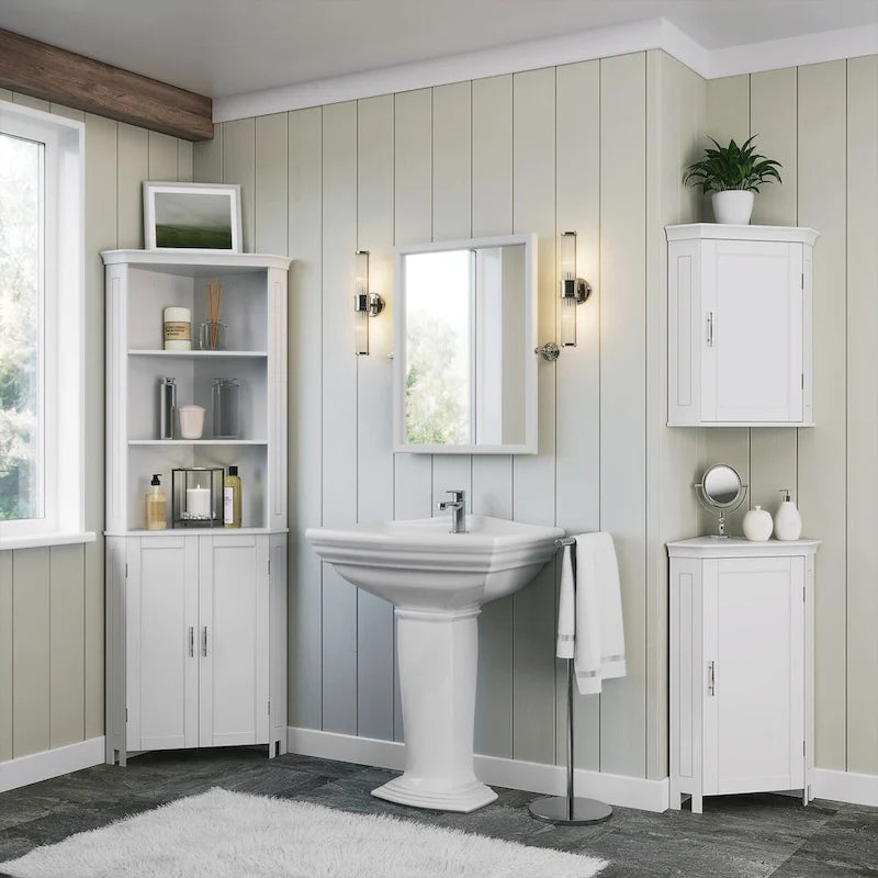 Meuble d'angle haut de salle de bain avec portes et étagère réglable - Blanc