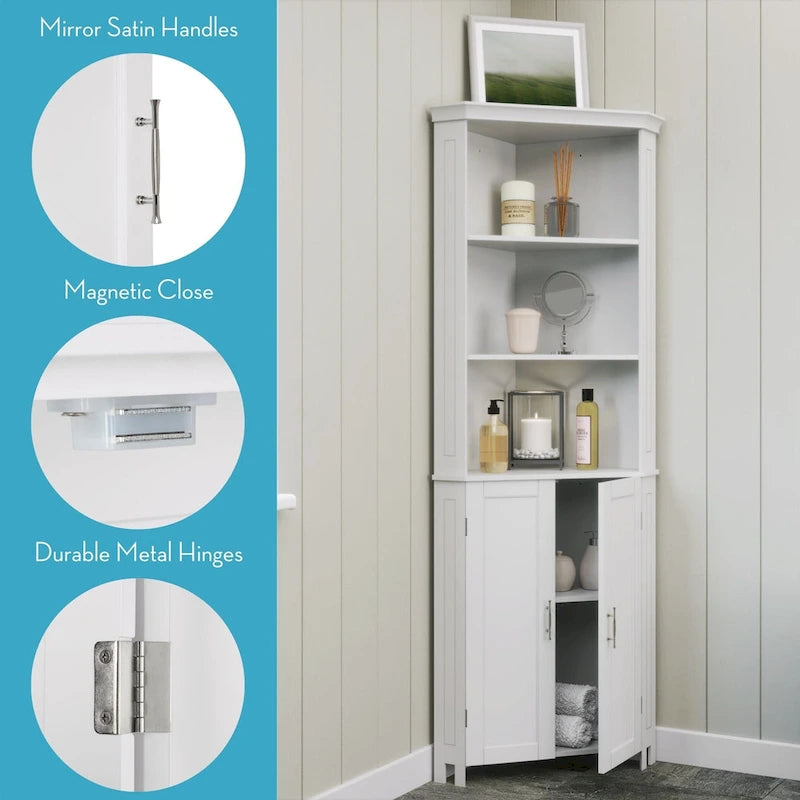 Meuble d'angle haut de salle de bain avec portes et étagère réglable - Blanc