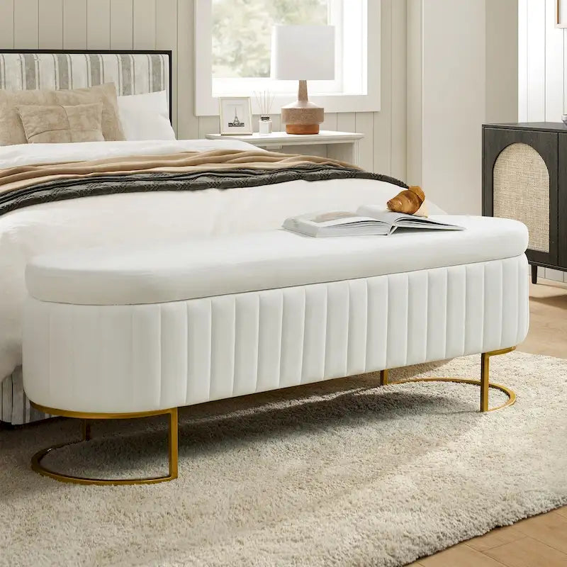 Banc de rangement capitonné Mid-Century Modern avec quadrillage interne et pieds en métal