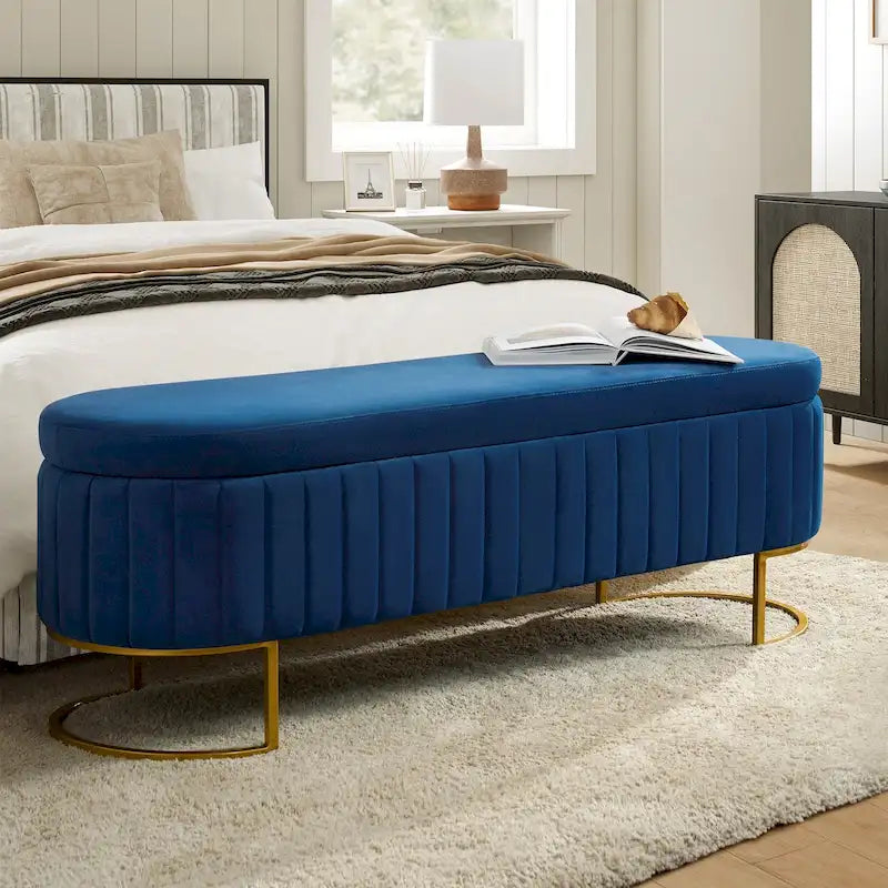 Banc de rangement capitonné Mid-Century Modern avec quadrillage interne et pieds en métal