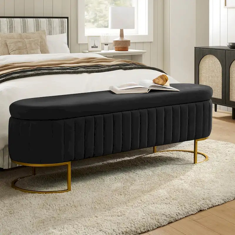 Banc de rangement capitonné Mid-Century Modern avec quadrillage interne et pieds en métal