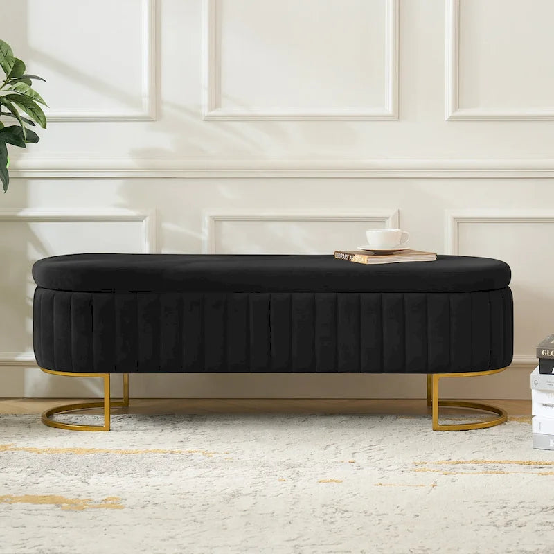 Banc de rangement capitonné Mid-Century Modern avec quadrillage interne et pieds en métal