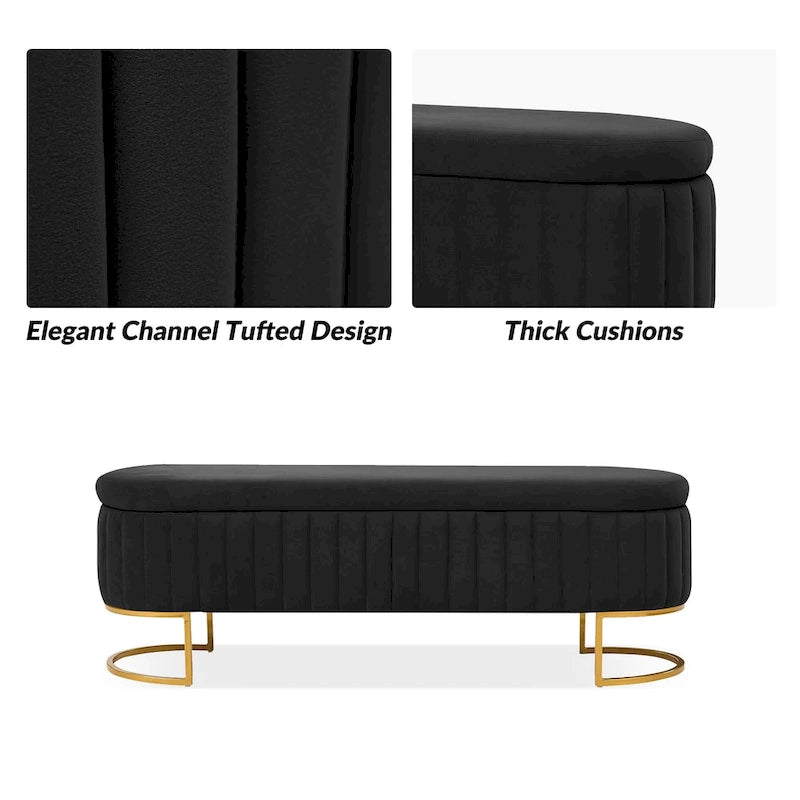 Banc de rangement capitonné Mid-Century Modern avec quadrillage interne et pieds en métal