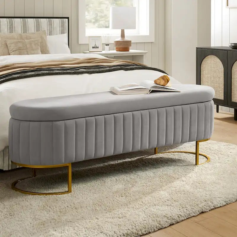 Banc de rangement capitonné Mid-Century Modern avec quadrillage interne et pieds en métal