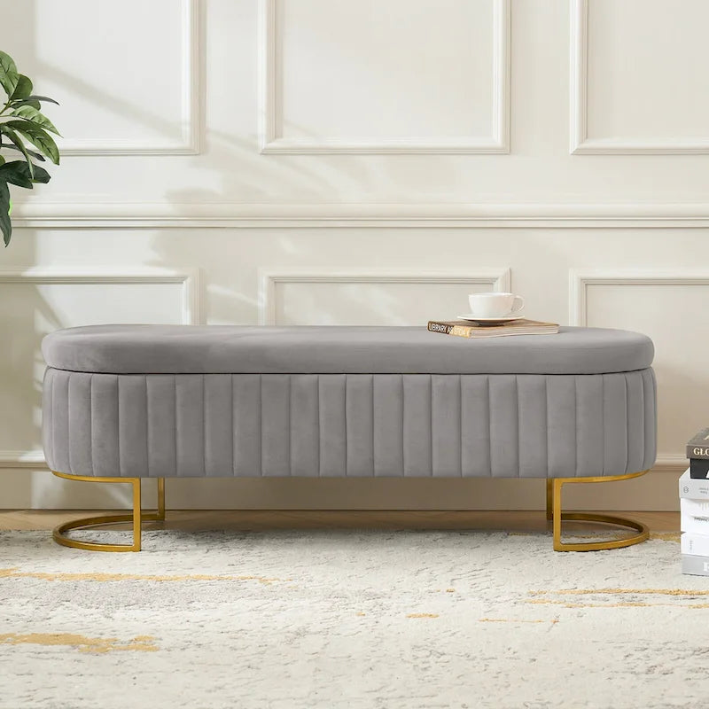 Banc de rangement capitonné Mid-Century Modern avec quadrillage interne et pieds en métal