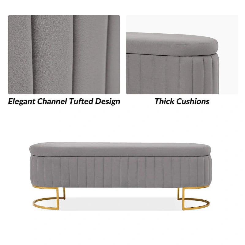 Banc de rangement capitonné Mid-Century Modern avec quadrillage interne et pieds en métal