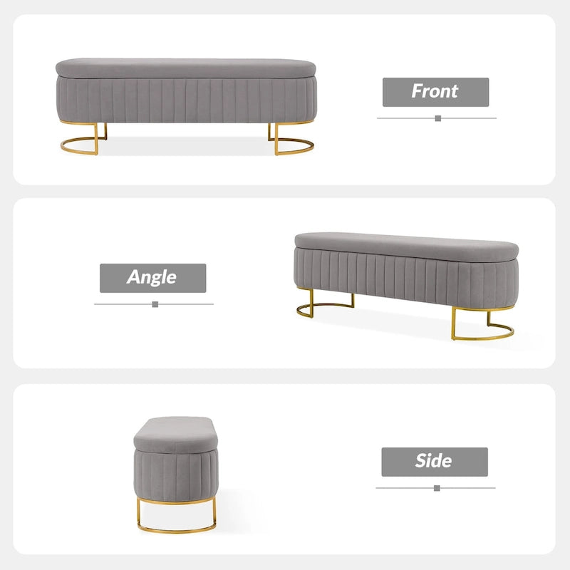 Banc de rangement capitonné Mid-Century Modern avec quadrillage interne et pieds en métal