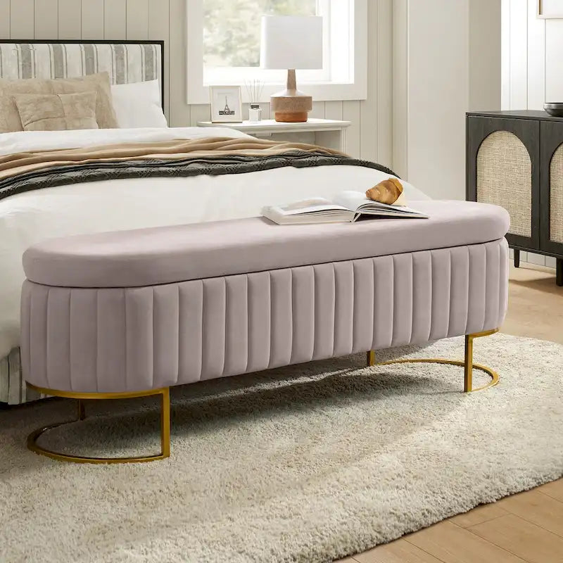 Banc de rangement capitonné Mid-Century Modern avec quadrillage interne et pieds en métal