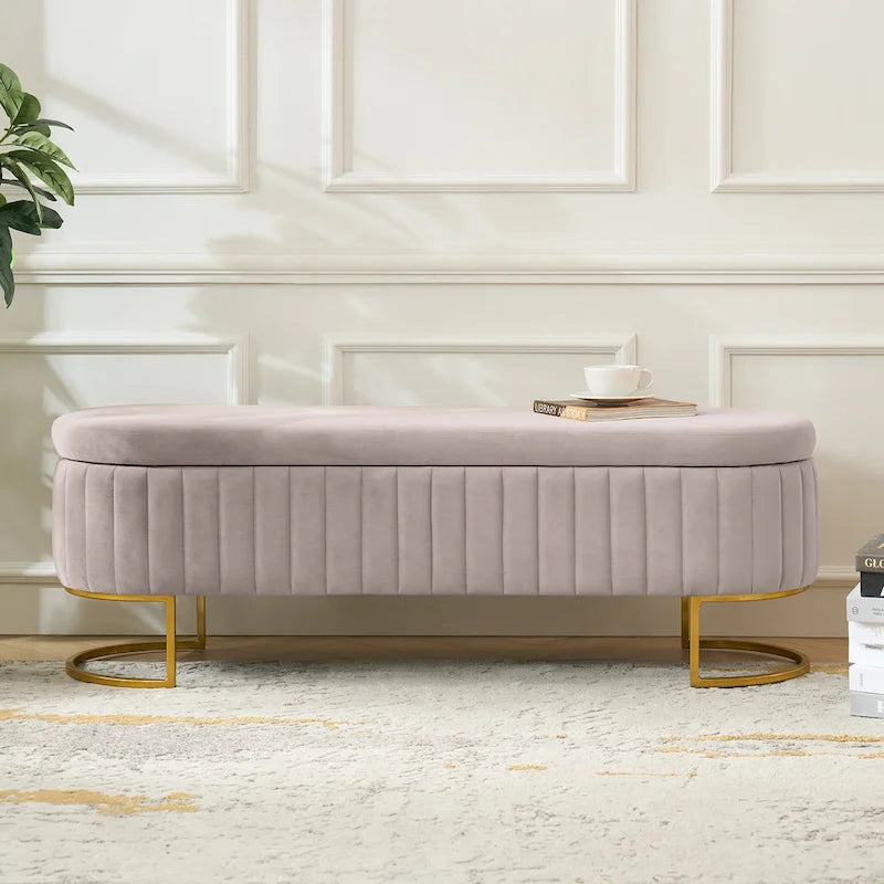 Banc de rangement capitonné Mid-Century Modern avec quadrillage interne et pieds en métal