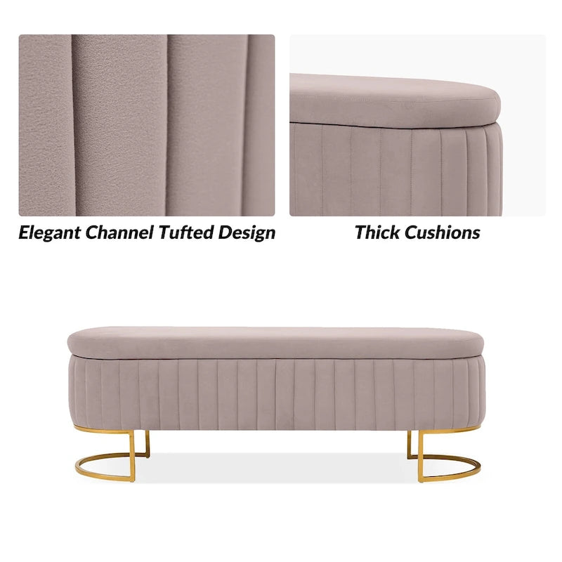 Banc de rangement capitonné Mid-Century Modern avec quadrillage interne et pieds en métal
