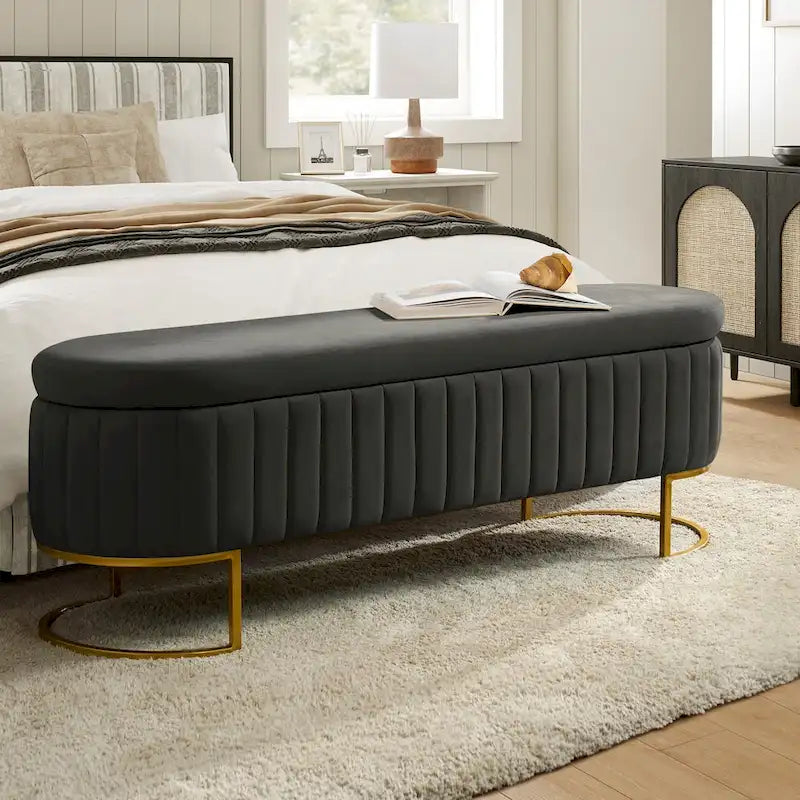 Banc de rangement capitonné Mid-Century Modern avec quadrillage interne et pieds en métal