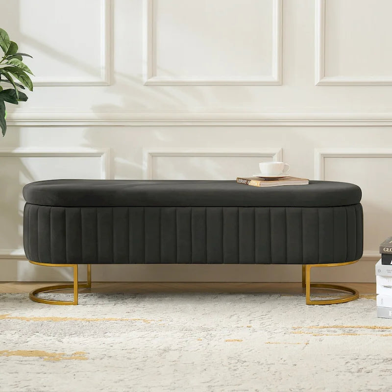 Banc de rangement capitonné Mid-Century Modern avec quadrillage interne et pieds en métal