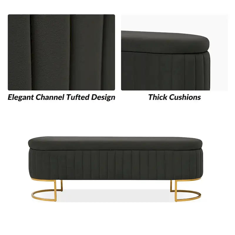Banc de rangement capitonné Mid-Century Modern avec quadrillage interne et pieds en métal