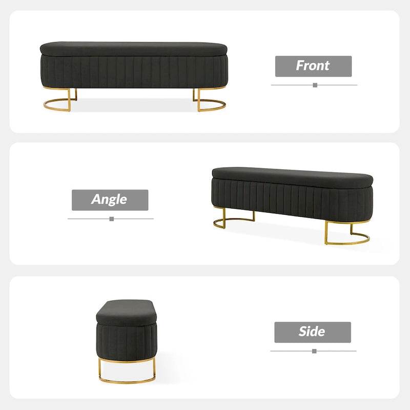 Banc de rangement capitonné Mid-Century Modern avec quadrillage interne et pieds en métal