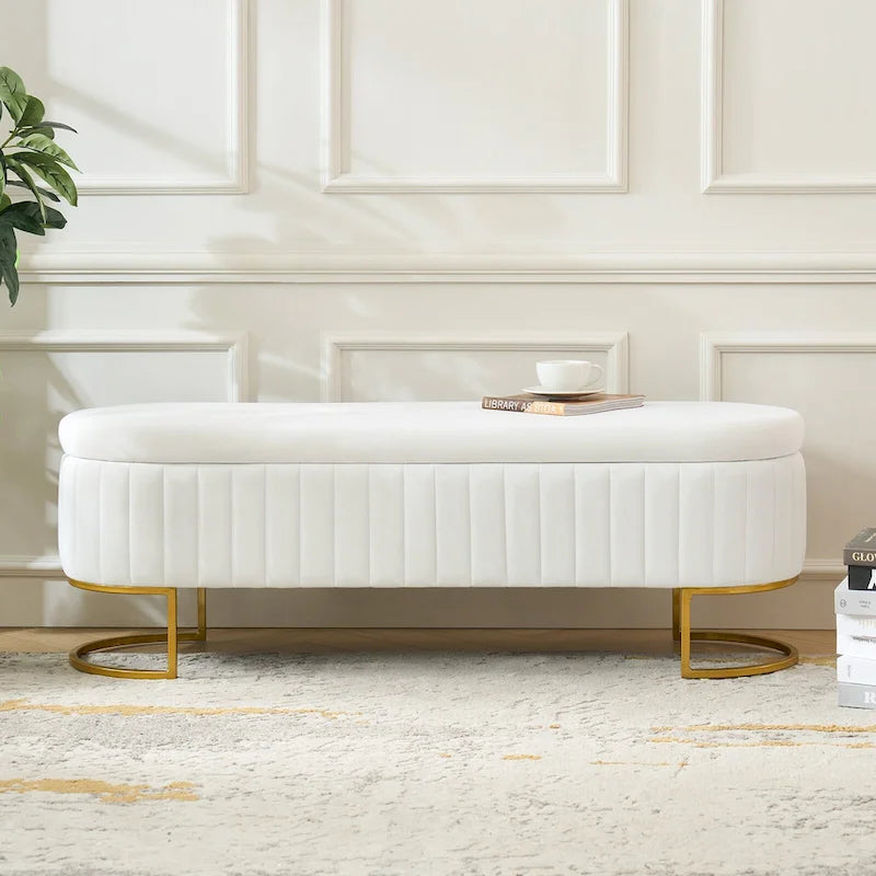 Banc de rangement capitonné Mid-Century Modern avec quadrillage interne et pieds en métal