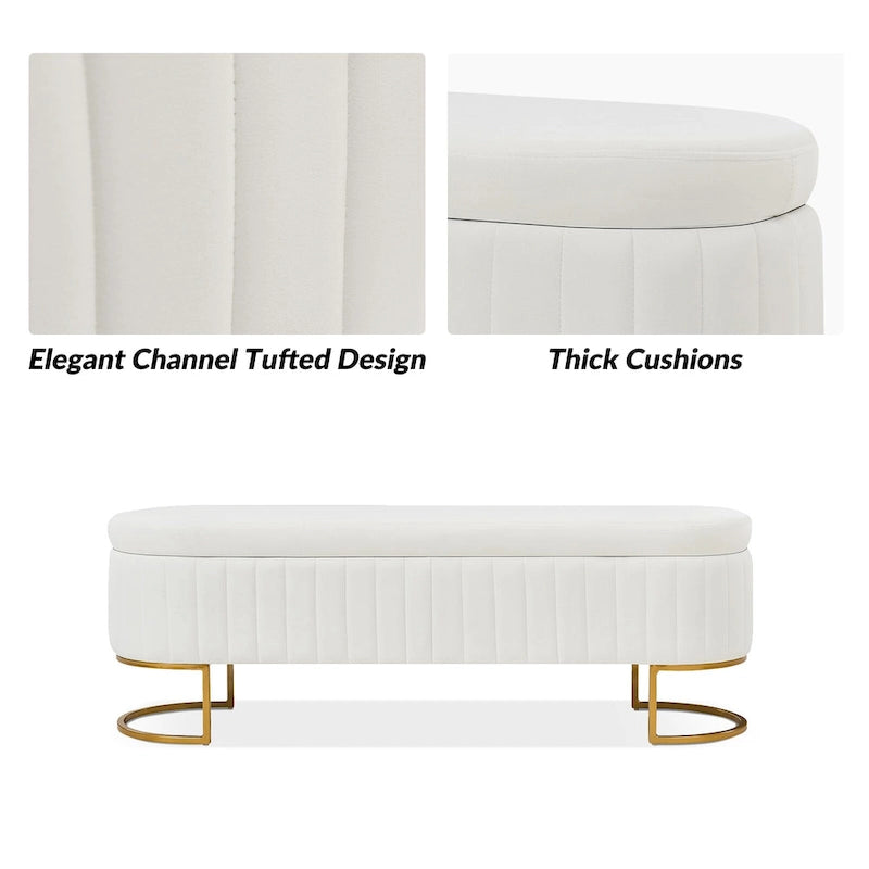 Banc de rangement capitonné Mid-Century Modern avec quadrillage interne et pieds en métal